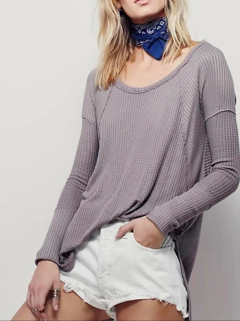 Free People Oversized Waffle Knit Thermal Tunic Top Raw Hem V Neck Taupe XS